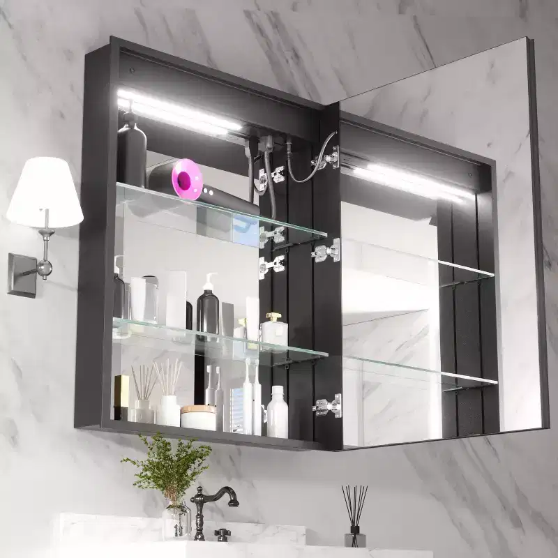 FAMYYT 24 in. W x 30 in. H Aluminum Medicine Cabinet with Mirror, Flowing Light, Dimmable, Anti-Fog