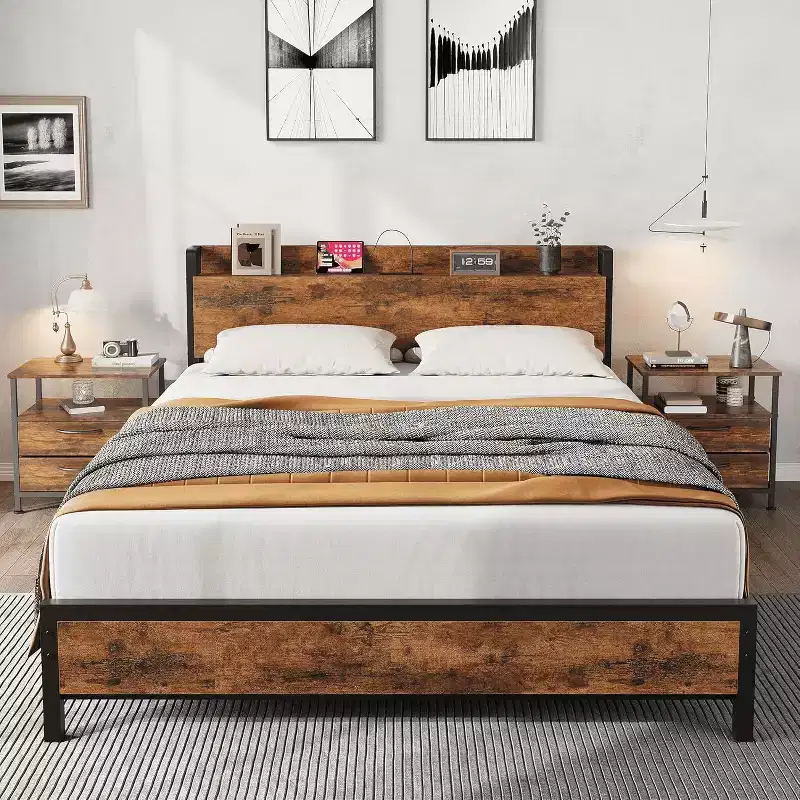 Acekool King Size Platform Bed Frame with Storage, USB Charging Station, Industrial Metal Frame, Wood Headboard, No Box Spring Needed
