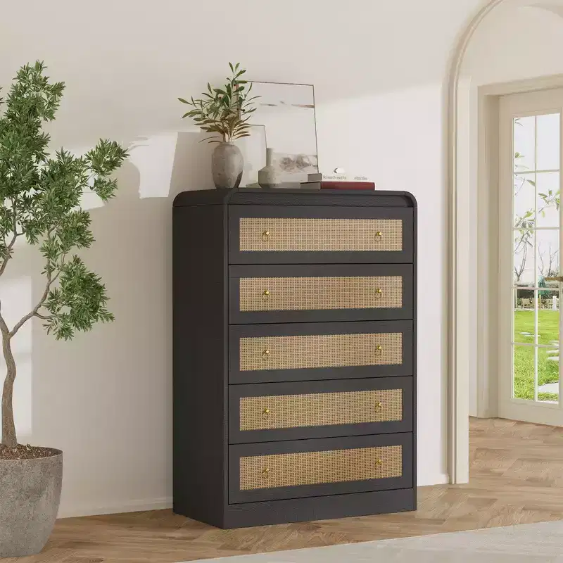 5 Drawer Dresser for Bedroom,Modern Rattan Dresser,Modern Chest of Drawers with Metal Handle,Wooden Dresser TV Stand for Bedroom