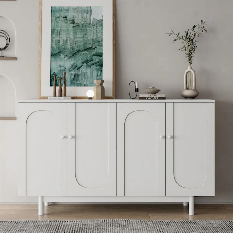 4-Door Intaglio Storage Cabinet with Pine Legs – White, MDF, Solid Wood Pulls, Adjustable Shelf