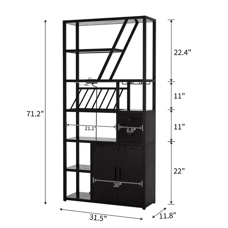 Multi-Use Bar Cabinet with Glass Holder, Tall Storage Rack and Kitchen Microwave Stand for Living Room, Dining Room or Kitchen Use