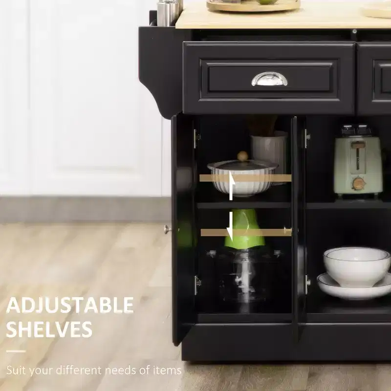 FAMYYT Black Smooth Rubber Wood Top 17.8 in. Kitchen Island Cart with 3 Door Cabinet and 2 Drawers