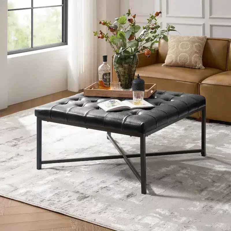 Genuine Leather Bench with X-Shaped Metal Base