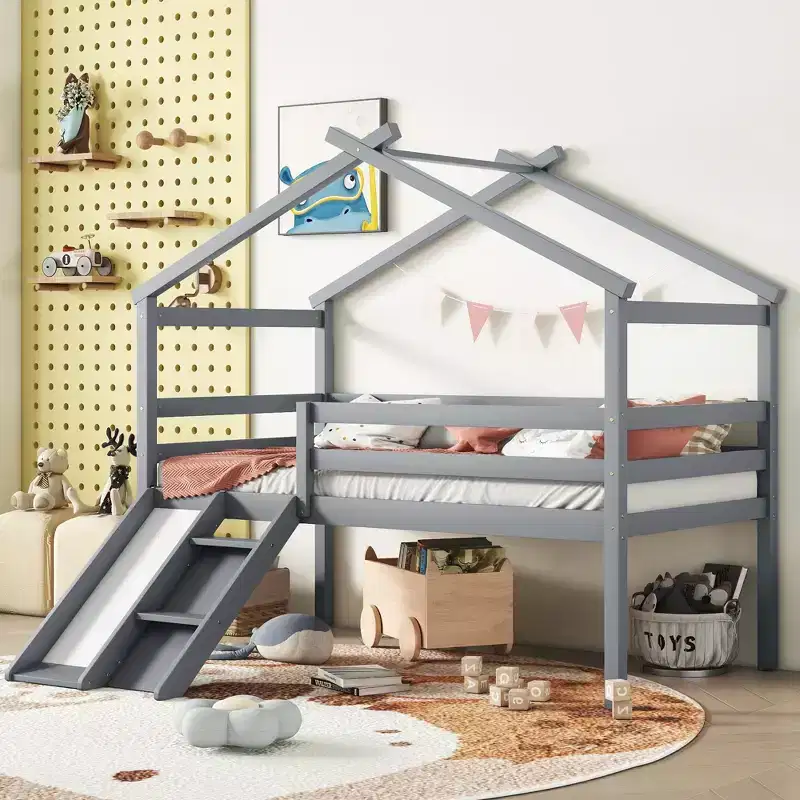 Twin Low Loft House Bed with Slide, Ladder, Safety Guardrails, House Roof Frame — 81.7
