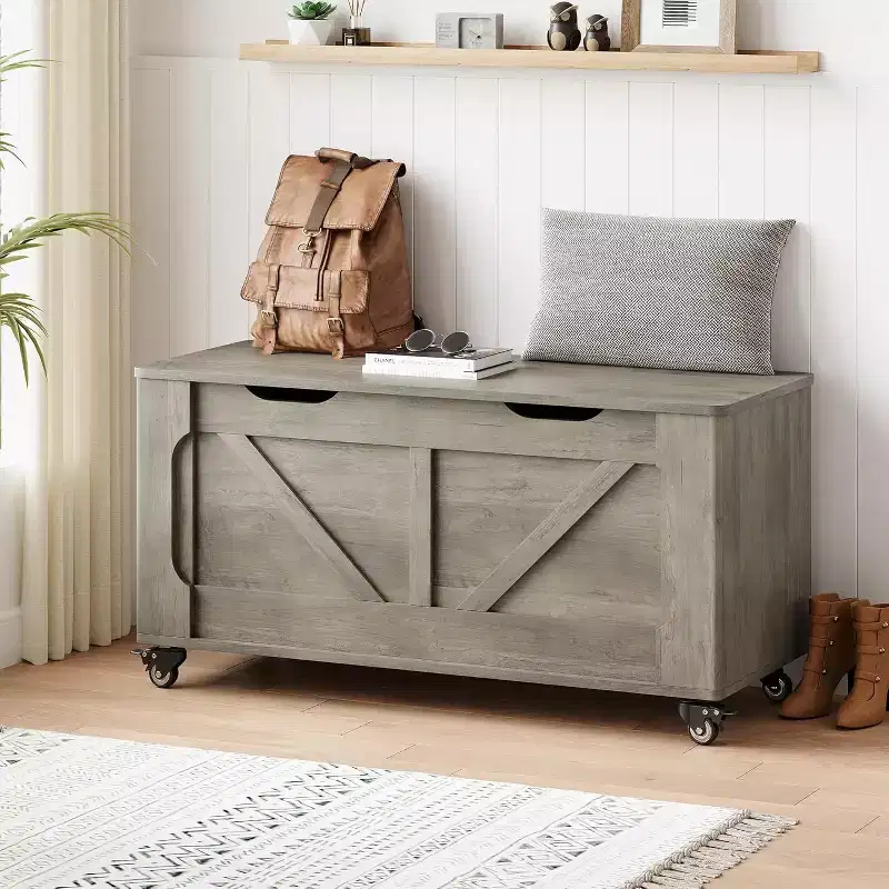 Storage Bench with 4 Wheels, 39.4 Wooden Blanket Chest with 2 Safety Hinges, Round Corner, Supports 350 lbs, for Entryway, Living Room, Bedroom
