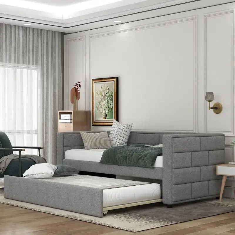 Twin Size Daybed with Trundle, Upholstered Daybed with Padded Back