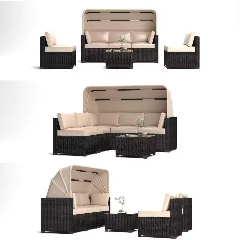 COZONY 6 Piece Outdoor Daybed Set, Retractable Canopy Adjustable Backrest Chaise Lounges for Garden Poolside Backyard