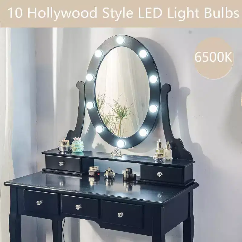 Modern Makeup Vanity Desk LED Mirror, 5 Storage Drawers, Plush Stool, Convertible Design, Quick Assembly