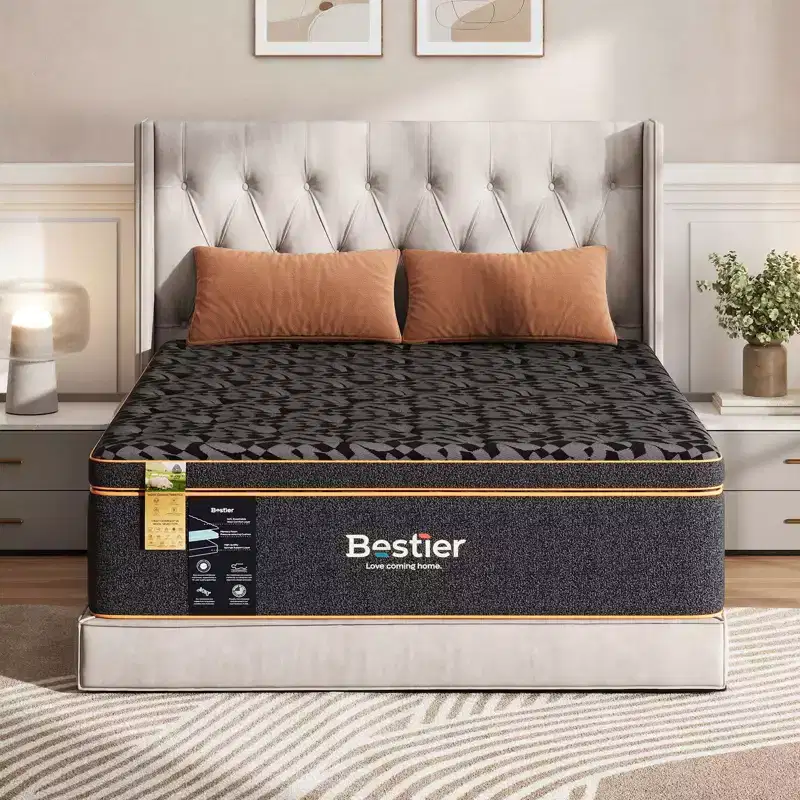 Bestier 14 Queen Size Mattress, Cooling Gel Memory Foam Black Mattress, Organic Wool Mattress, Lumbar Support Spring for Superior Comfort