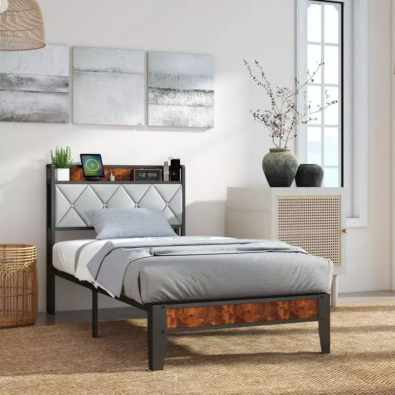TUYOHW Storage Platform Bed Frame with Soft Padding,Heavy-Duty Slatted Bed Frame,Sturdy Iron Mattress Foundation,1100lbs Capacity