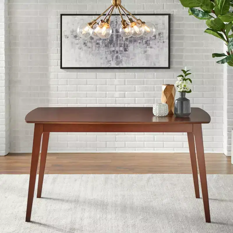Mid-Century Modern Solid Beechwood Rectangular Dining Table, Walnut, Seats 6