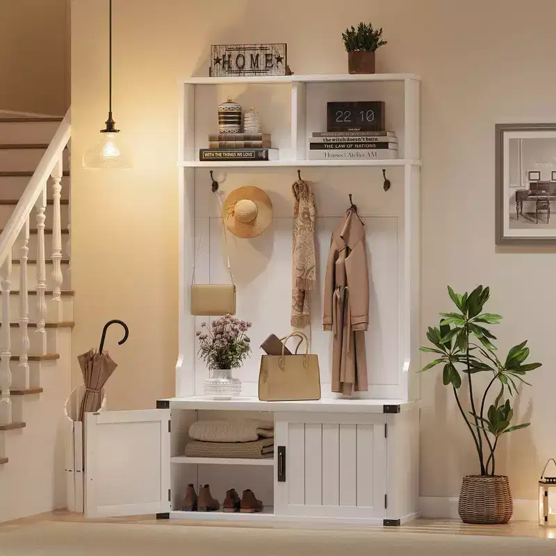 Hall Tree with Bench and Shoe Storage, Entryway Coat Rack with 5 Hooks and Adjustable Shelf, Wood Organizer for Mudroom, Entry and Foyer