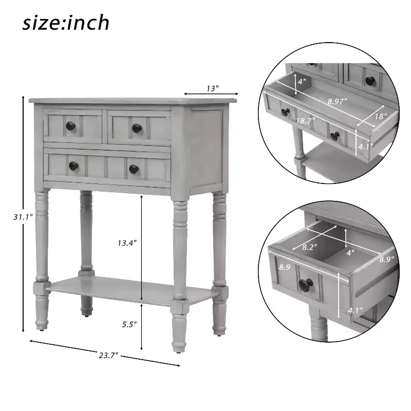 23.7in Narrow Console Table with 3 Drawers and Shelf, Sofa Table for Small Space Entryway or Living Room
