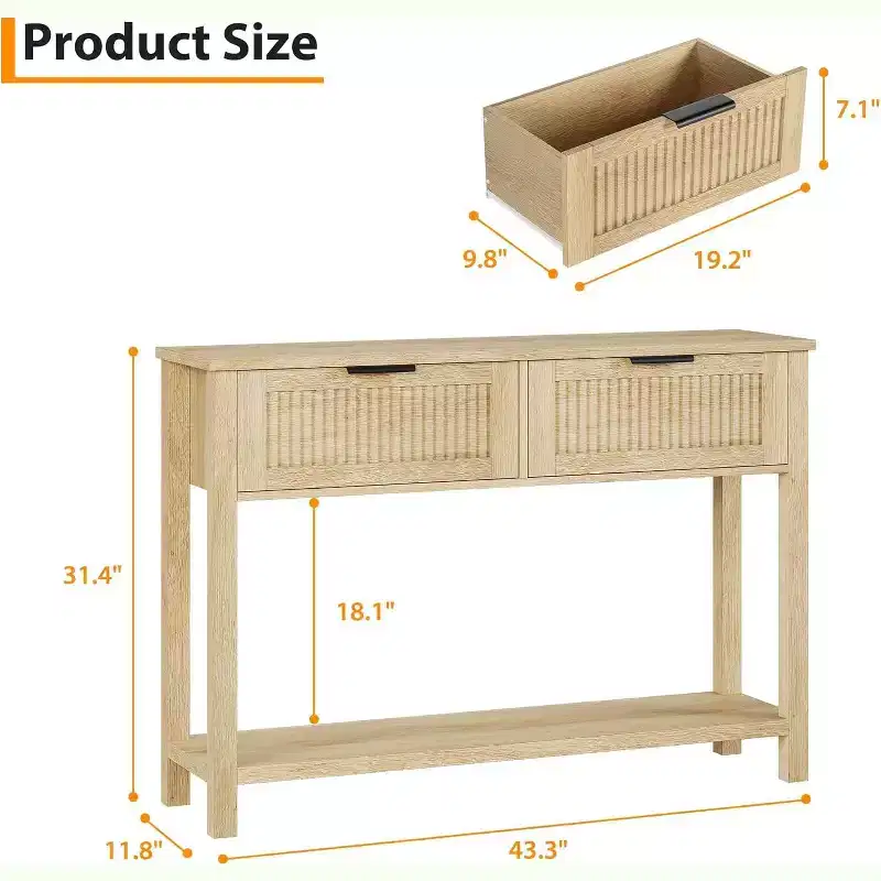43 Farmhouse Entryway Console Table with 2 Drawers & 2-Tier Storage for Living Room, Foyer (Natural wood color)