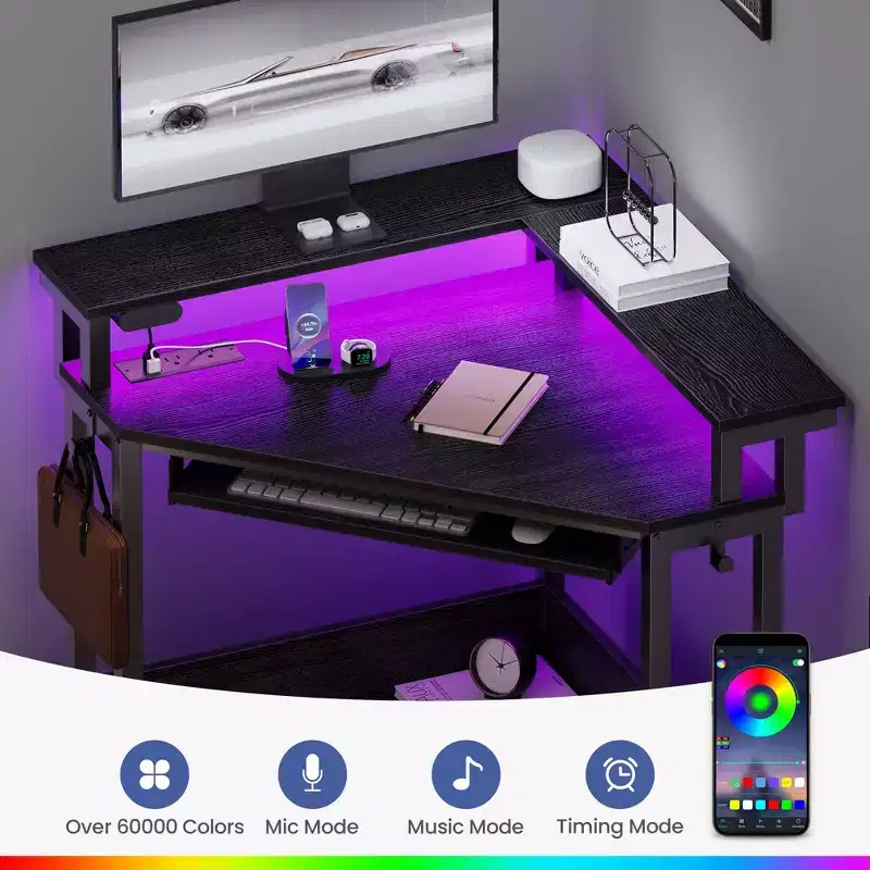 Greenstell Small Corner Computer Desk with Power Socket, LED Light Computer Desk with Monitor Stand, Keyboard Tray and Headphone Holder