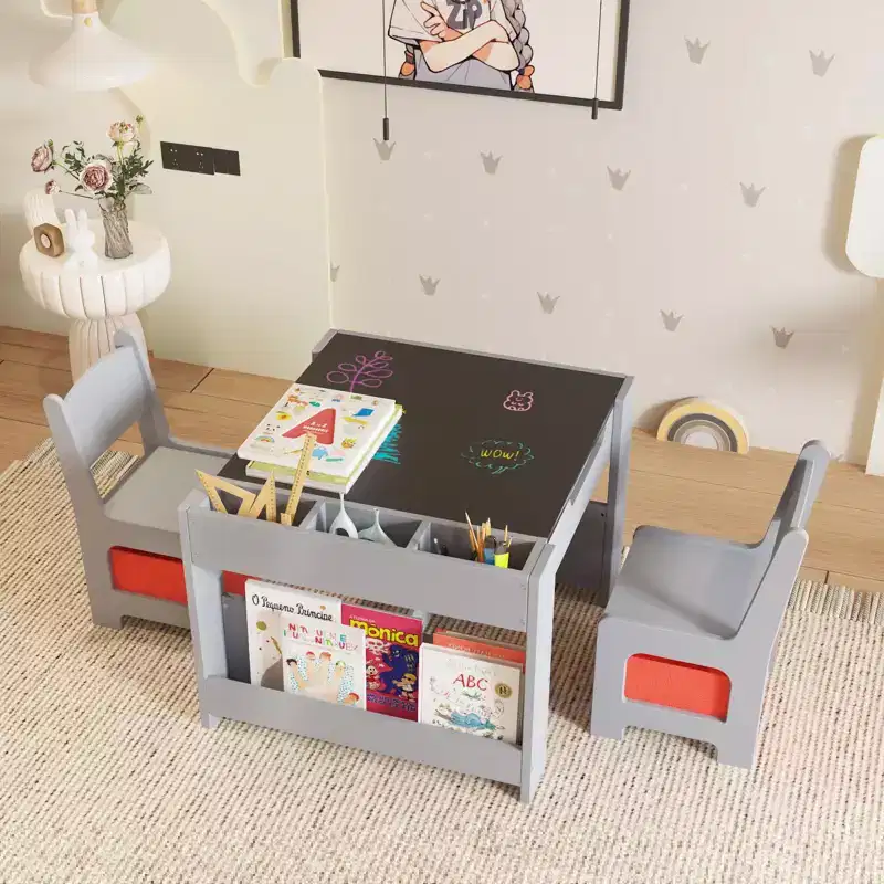 Kids Table and Chair Set, 4 in 1 Wooden Activity Table & 2 Chairs with Storage Drawer Detachable Tabletop for Toddlers Kids Drawing, Reading, Crafts