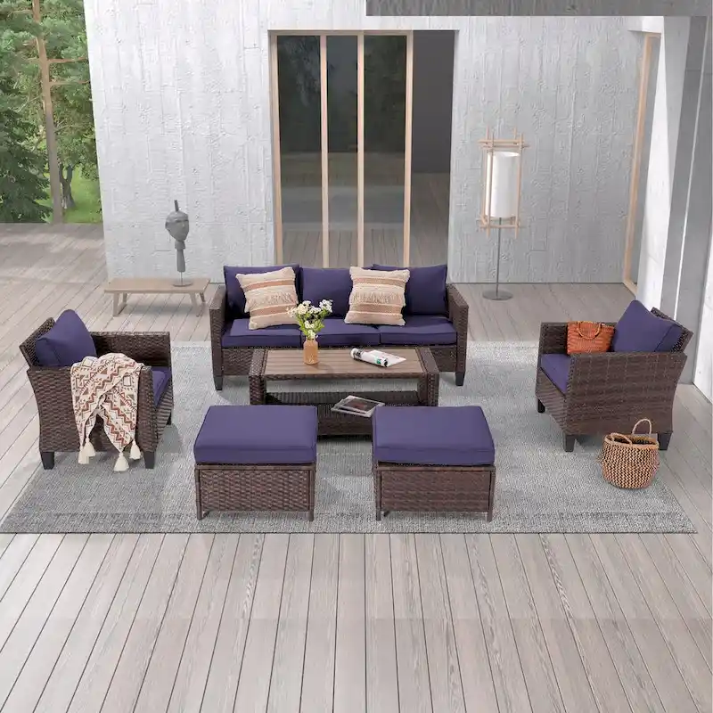 LIVOOSUN 6Pcs Patio Brown Rattan Outdoor Furniture Sofa Set with Coffee Table