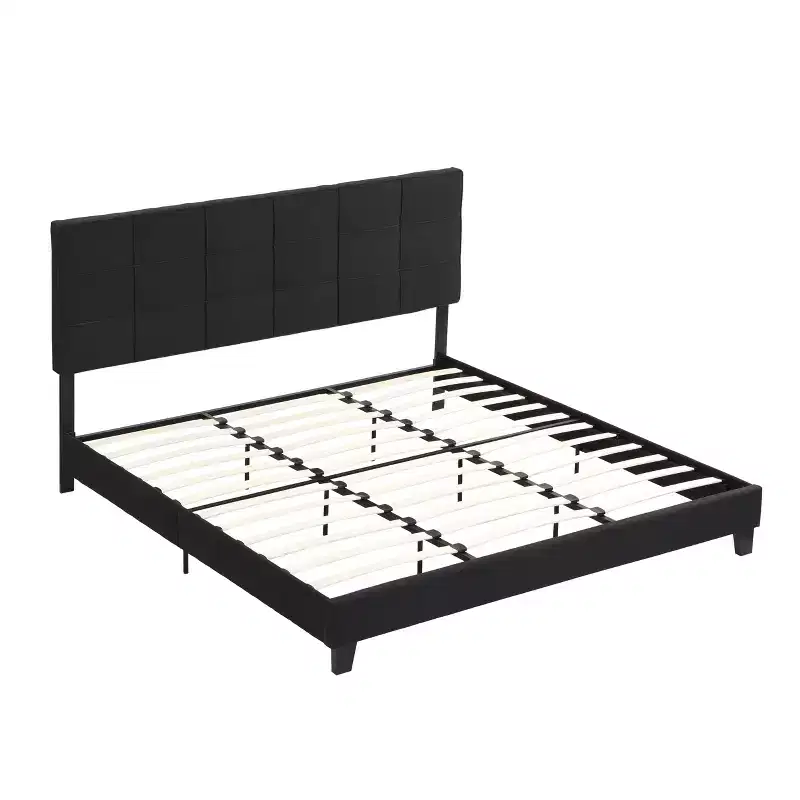 King Upholstered Platform Bed with Linen Headboard, Sturdy Support, No Box Spring Needed