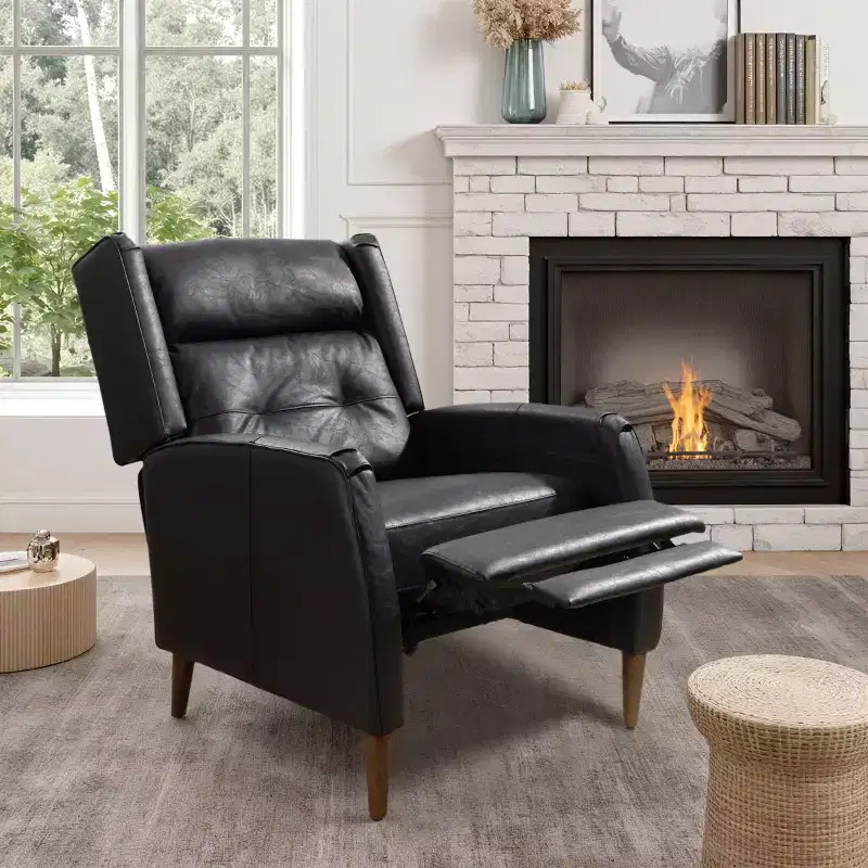 Art Leon Mid-century Recliner, Faux Leather Lounge Chair with Wood Chair Legs