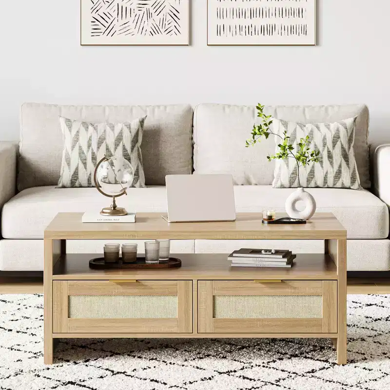 2 Storage Drawers and Open Shelf, Rattan Coffee Table, Mid Century Modern Center Table