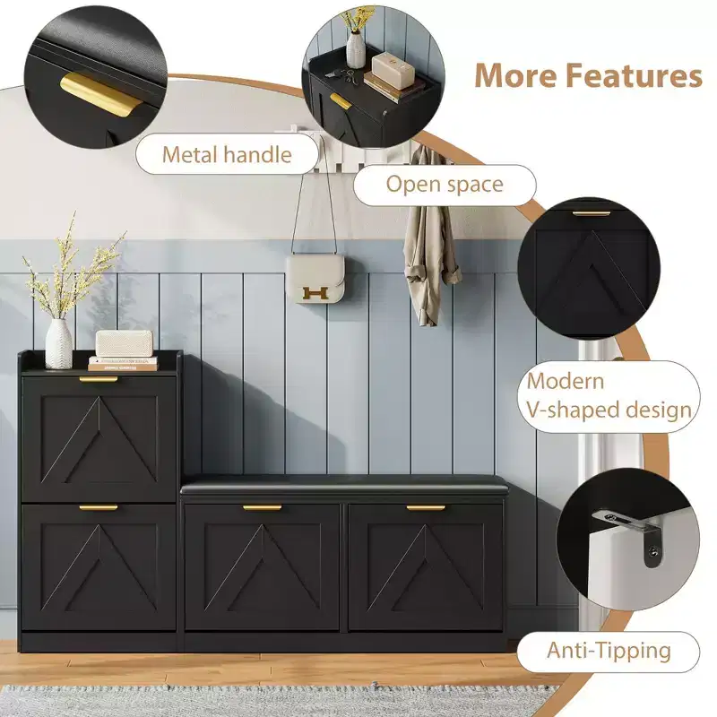 Acekool Rustic Shoe Cabinet Bench 4 Flip Drawers Adjustable Seat for Entryway Hallway Bedroom
