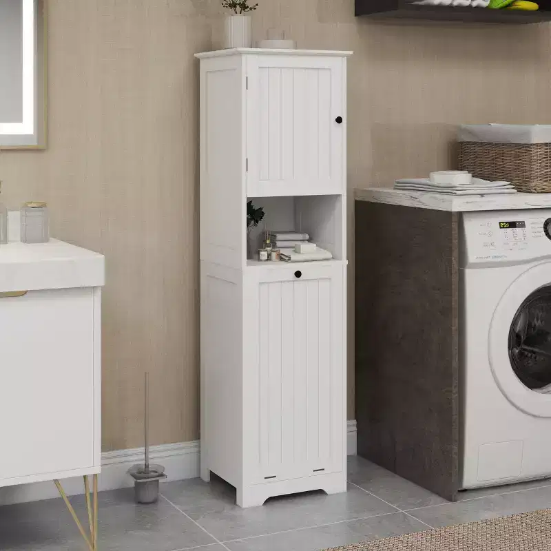 Tilt Out Laundry Hamper Cabinet, Hidden Laundry Hamper Cabinet with Compartment and Tilt Out Bottom Shelf, Tall Bathroom Storage Organizer White