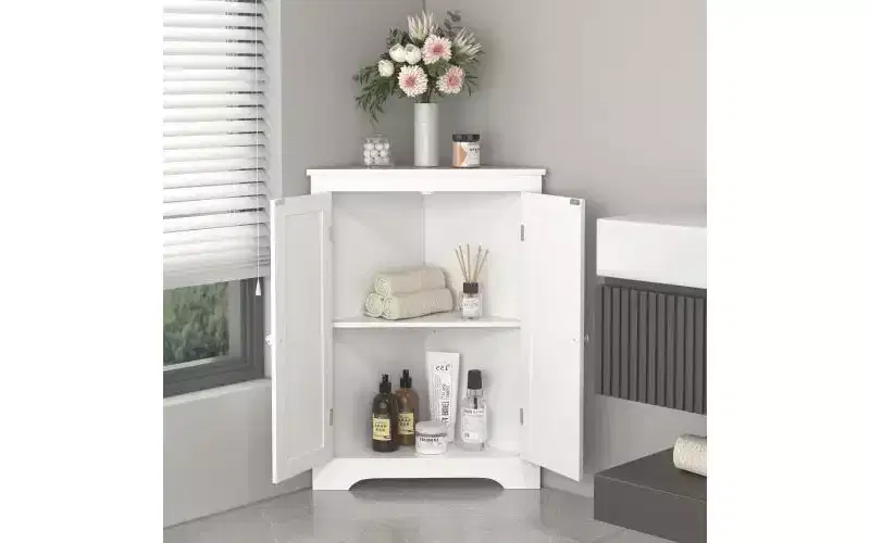 Floor Corner Cabinet with 2 Doors and Adjustable Shelves, Freestanding Storage Organizer, White
