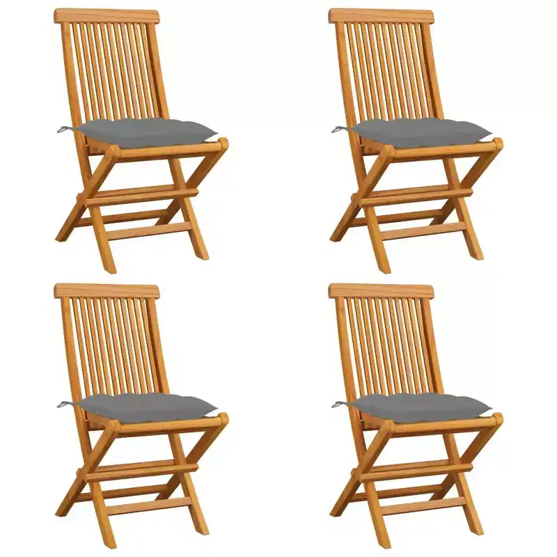 vidaXL Elegant Patio Chairs with Comfort Cushions 4 pcs - Solid Teak Wood Construction, Gray Cushions, Lightweight, Foldable, Easy Maintenance
