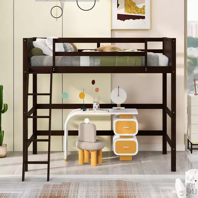 Twin Size Solid Wood High Loft Bed with Ladder & Guardrails,Minimalist Tall Bed Frame for Kids Room,Bedroom