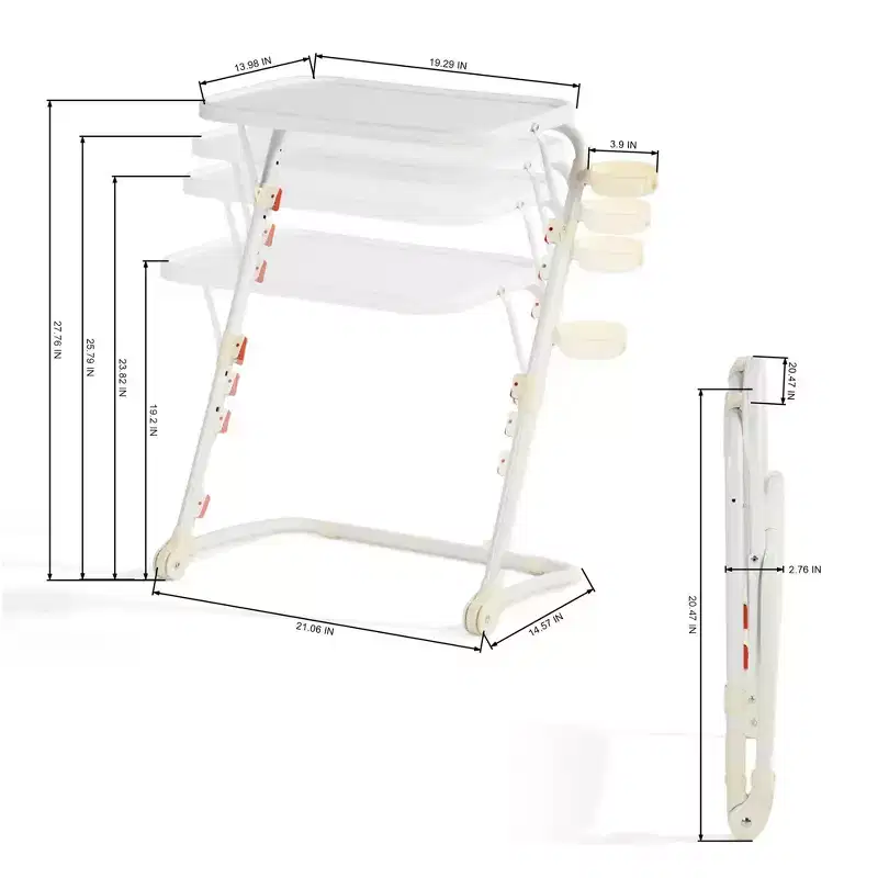Adjustable Folding TV Tray with 4 Height & 3 Tilt Angle, Foldable Dinner Trays Laptop Snack Table with Cup Holder Sofa, 2PCS. White