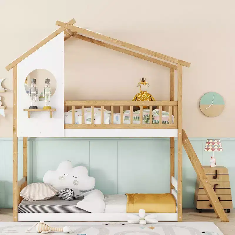 Twin Over Twin Bunk Bed with Playhouse Roof, Safe Ladder & Railings, Natural