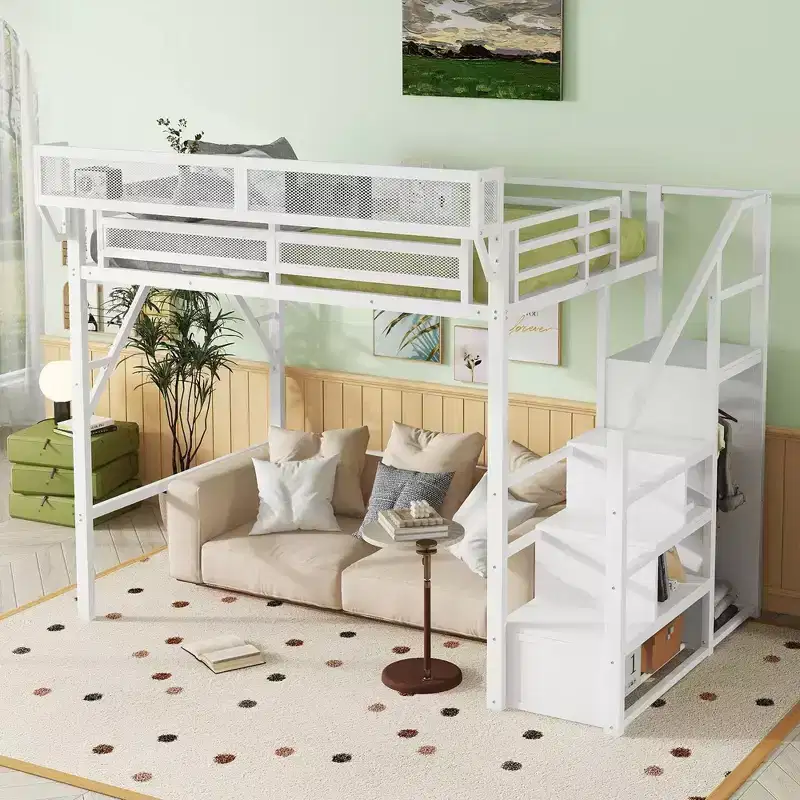 White Metal Full Size Loft Bed with Stairs Storage Shelves and High Loft Bed with Wardrobe for Kids Teens