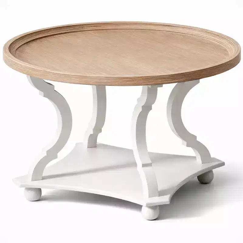 COZAYH Round Rustic Coffee Table Wood Tray Top Accent Centerpiece Storage, White
