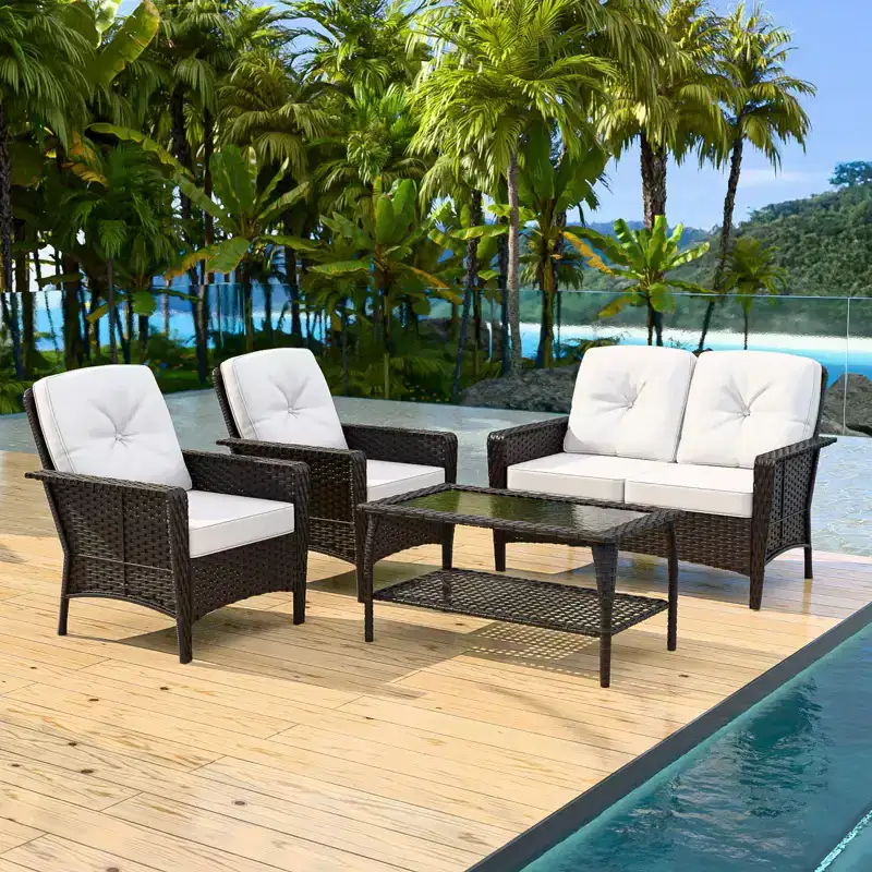 EAGLE PEAK 4 Piece Outdoor Furniture Set, Patio PE Wicker Couch and 2 Chairs with Coffee Table, Rattan Conversation Set