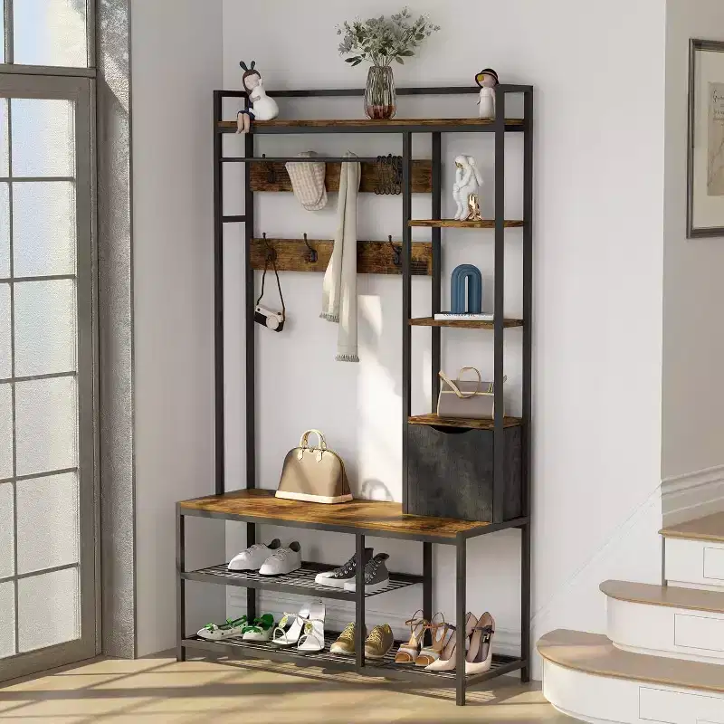 Acekool 5-in-1 Hall Tree with Bench, Shoe Storage, Coat Rack, Fabric Drawer & 12 Hooks, Metal Frame Organizer for Entryway and Hallway