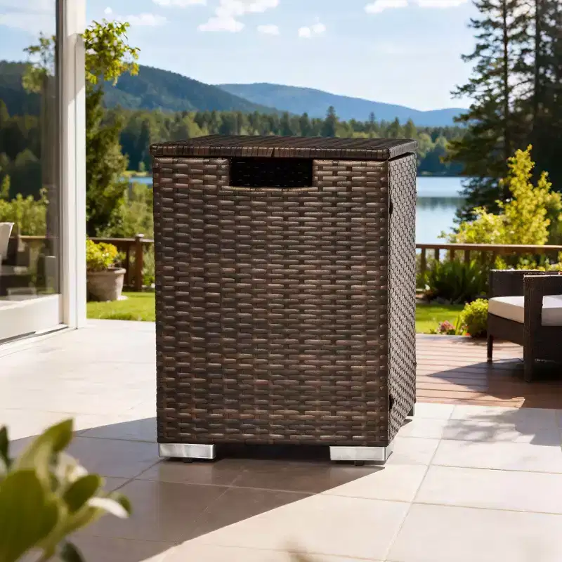Rattan Propane Tank Cover, Outdoor Wicker Gas Bottle Cover, Durable Patio Gas Cylinder Hideaway Table for Garden, Deck, Backyard