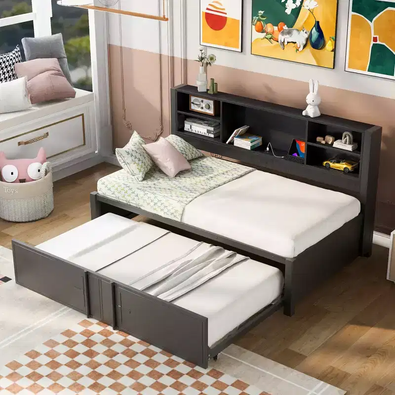 Whisen Metal Twin Size Daybed with Twin Size Trundle, Storage Shelves and USB Ports