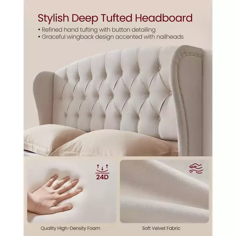 Queen Bed Frame with Tall Headboard, Upholstered Platform Bed Frame Queen Size, with Wingback Tufted Headboard Cappuccino Beige