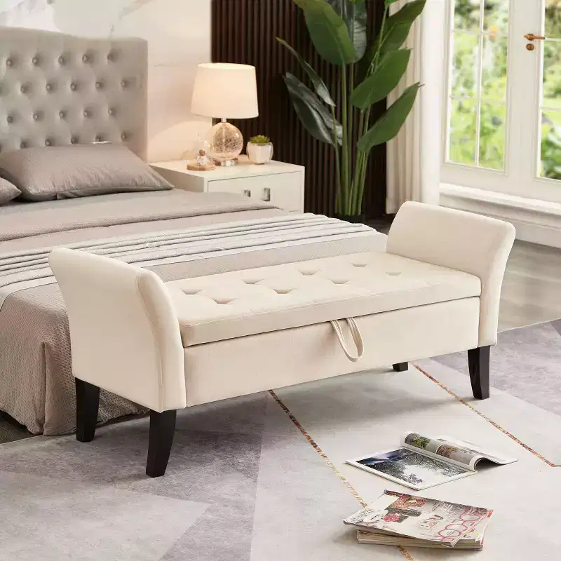 TUYOHW 51.5 Velvet Storage Bench with Curved Arms,Tufted End of Bed Ottoman with Solid Wood Legs for Bedroom,Living Room,Entryway