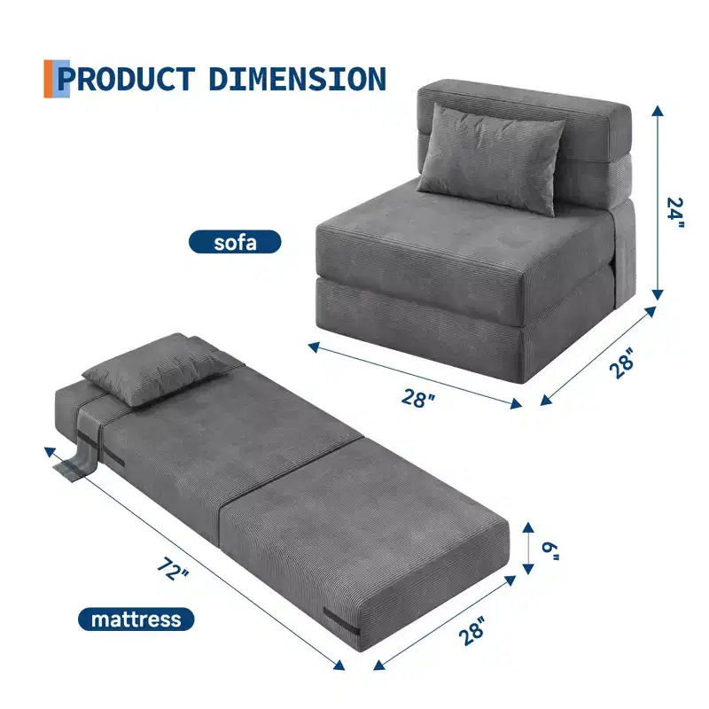 4-in-1 Folding Sofa Bed & Sleeper Chair, 72/76L Convertible Loveseat, Tufted Floor Lounger