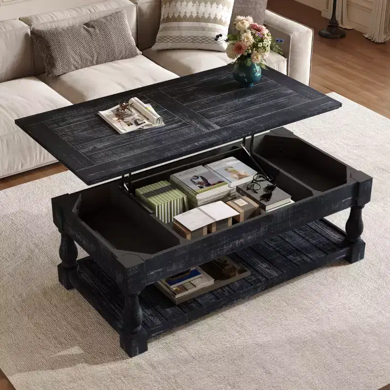 Farmhouse Lift Top Coffee Table with 3 Hidden Storage Trays, Rectangular Two-Tier Center Table for Living Room or Apartment-Panipeachy