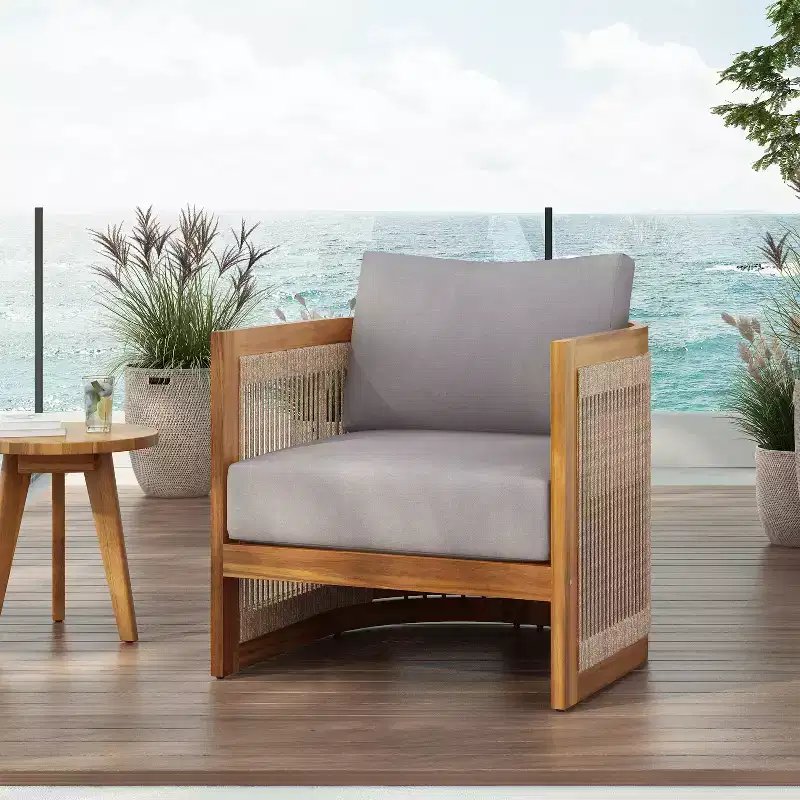 Premium Acacia Wood Outdoor Club Chair with Curved Tub Design and Woven Rope, for Garden