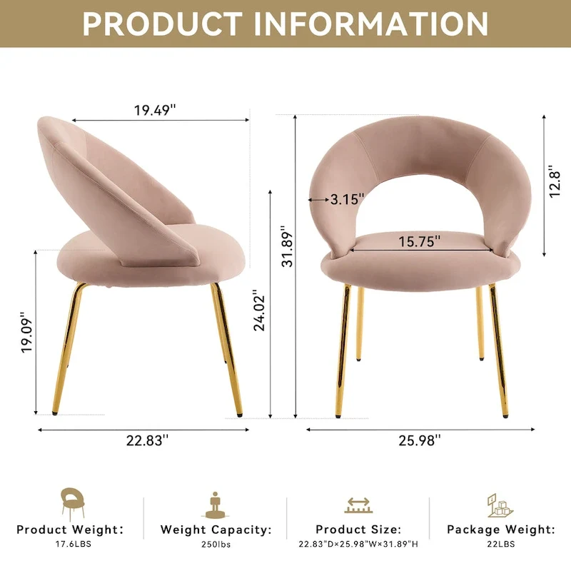 Velvet Dining Accent Chairs with Curved Backrest and Gold Metal Legs - 250lb Capacity