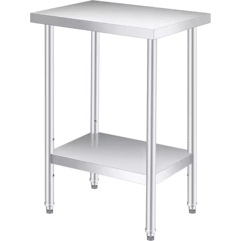 Silver Stainless Steel 2-Tier Work Table – Fixed Legs / Lockable Wheels, 1-2 Person