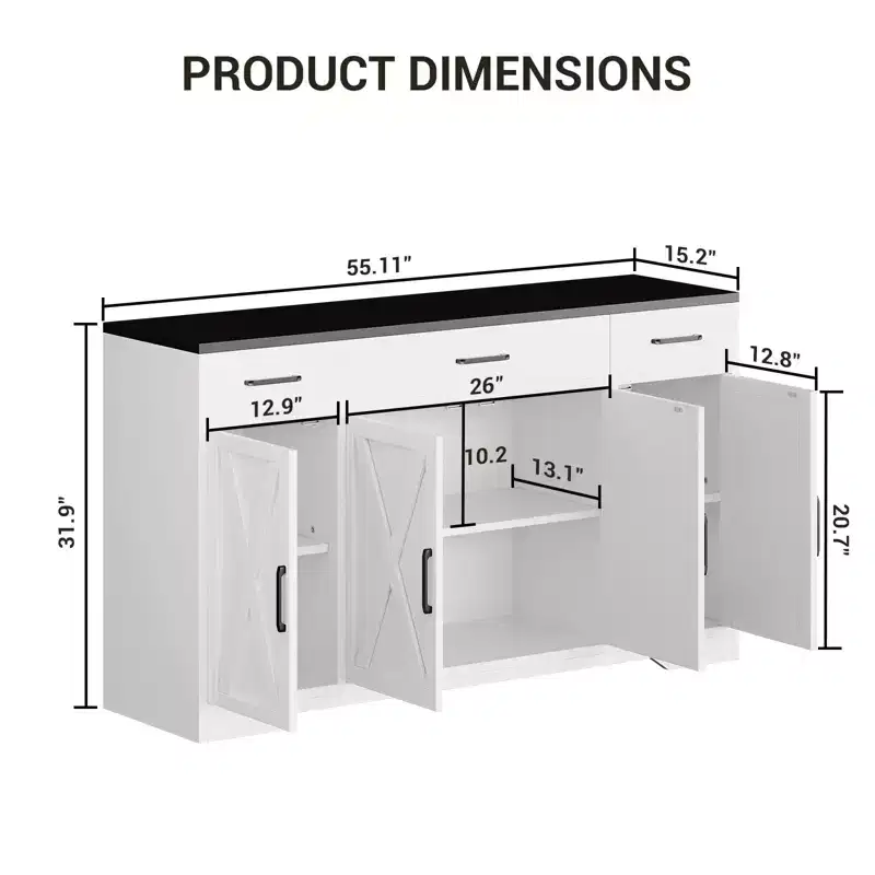 COZONY 55 Buffet Sideboard Cabinet - 4 Doors, 3 Drawers, Adjustable Shelf, Kitchen Storage Cabinet for Dining Room, Living Room, Coffee Bar