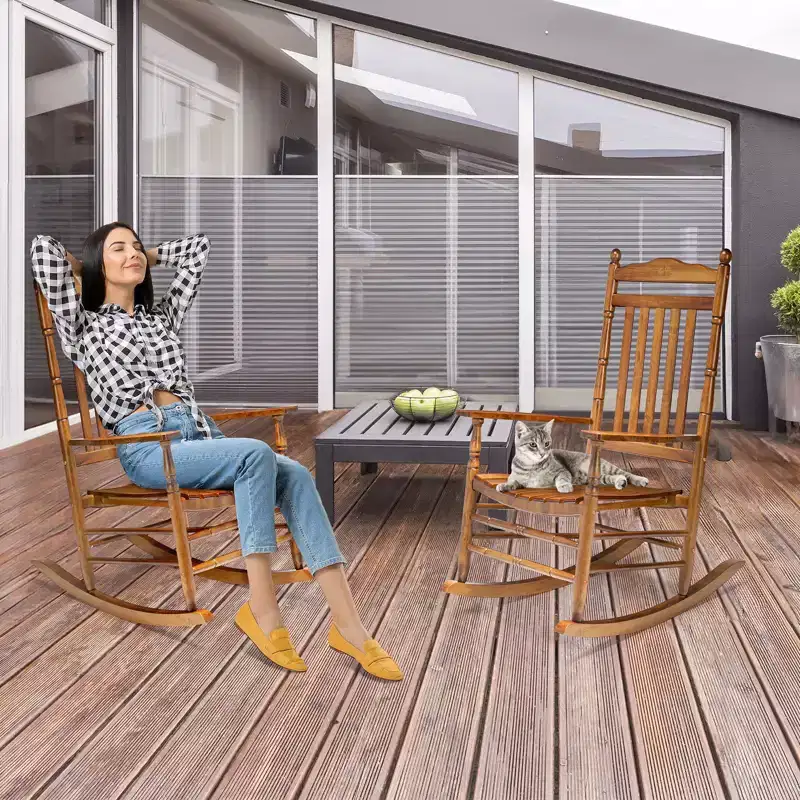 Karl Home | Lathe-Turned Solid Wood Patio Rocking Chairs (Set of 2)