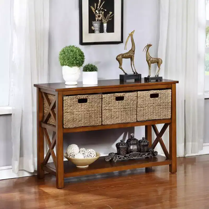 Brown X-Side Console Table with 2 Shelves & 3 Baskets
