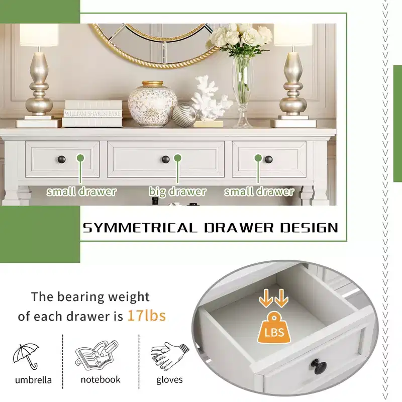 Whisen Classic Retro Style Console Table with 3-Top Drawers and Open Shelf