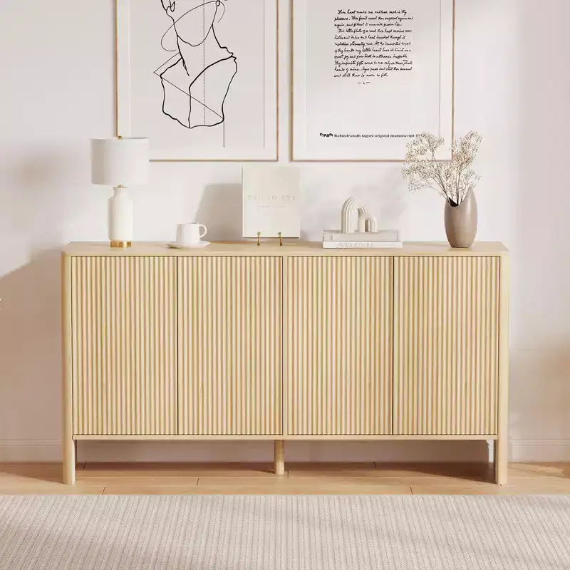 Buffet Cabinet with Storage, 58 Fluted Sideboard Cabinets with 4 Doors & Adjustable Shelves, Wood Buffet Table
