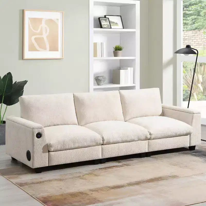 GDFStudio Yedda Multifunctional 96 Chenille Storage Sectional Sofa with Drop-Down Table and Cup Holders
